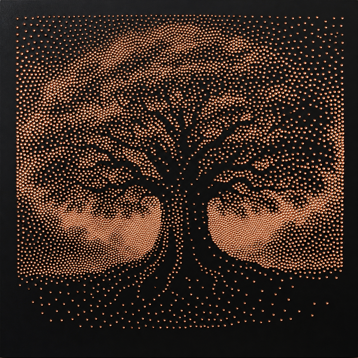 Árbol de la vida en puntos metalizados sobre un panel negro.