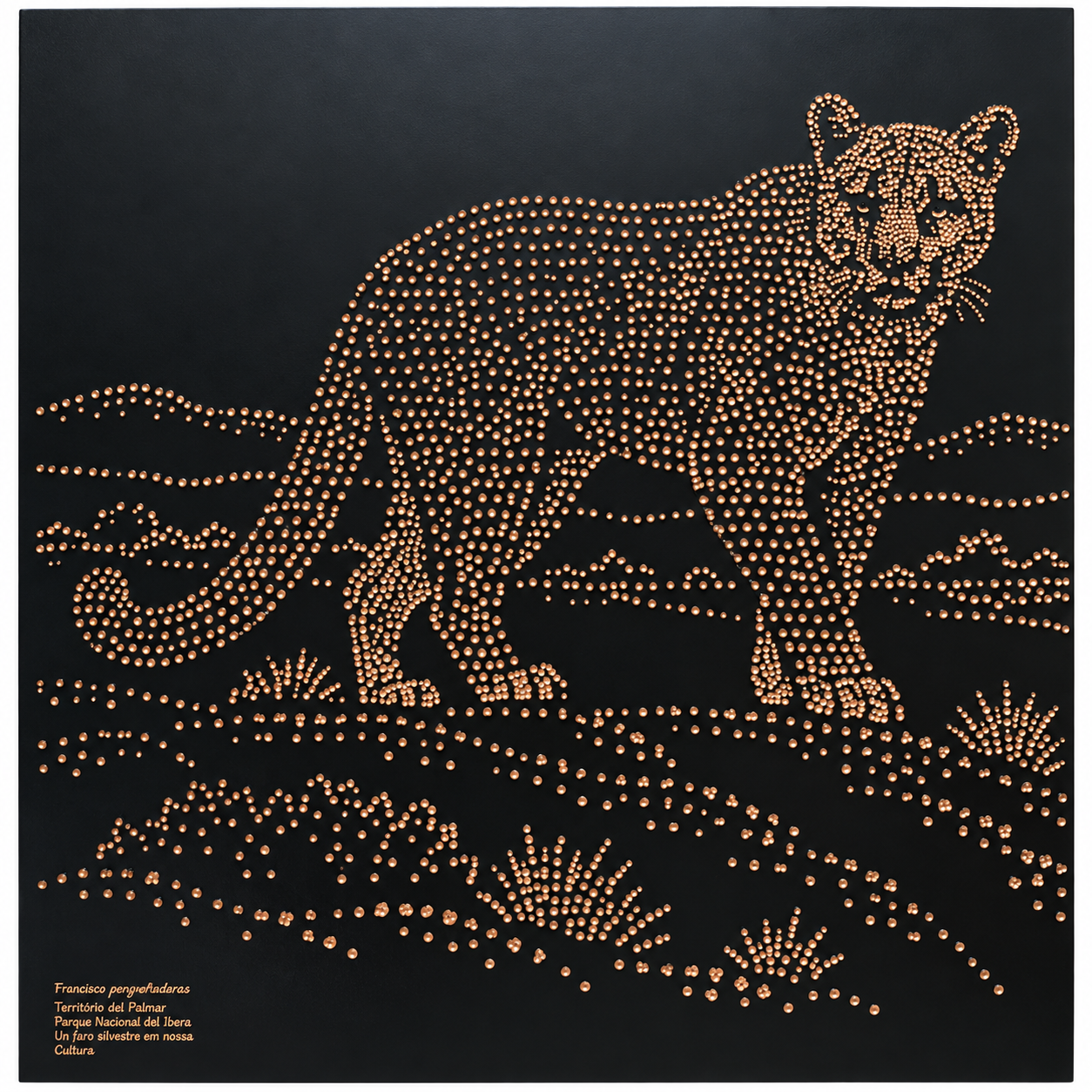 Felino en un paisaje, representado mediante puntos metalizados sobre un panel negro.
